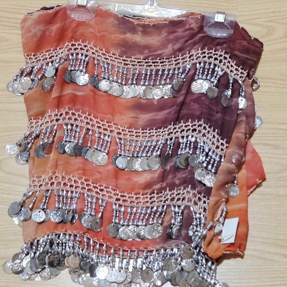 Renaissance Belly Dance Hip Scarf Orange Tie Dye w Silver Coins ~New~ Firm Price